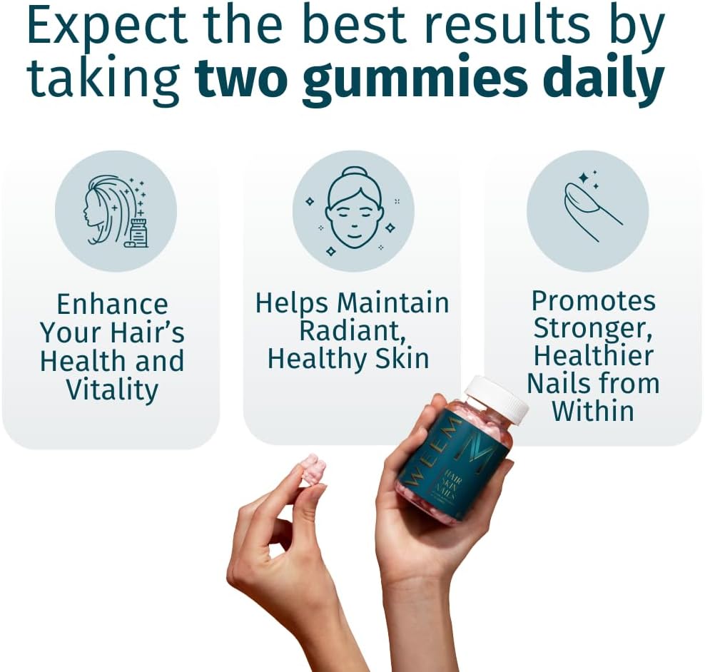 WEEM Hair, Skin & Nails Gummies, Supports Healthy Hair, Vegan Biotin Vitamins for Women & Men Supports Faster Hair Growth, Stronger Nails,