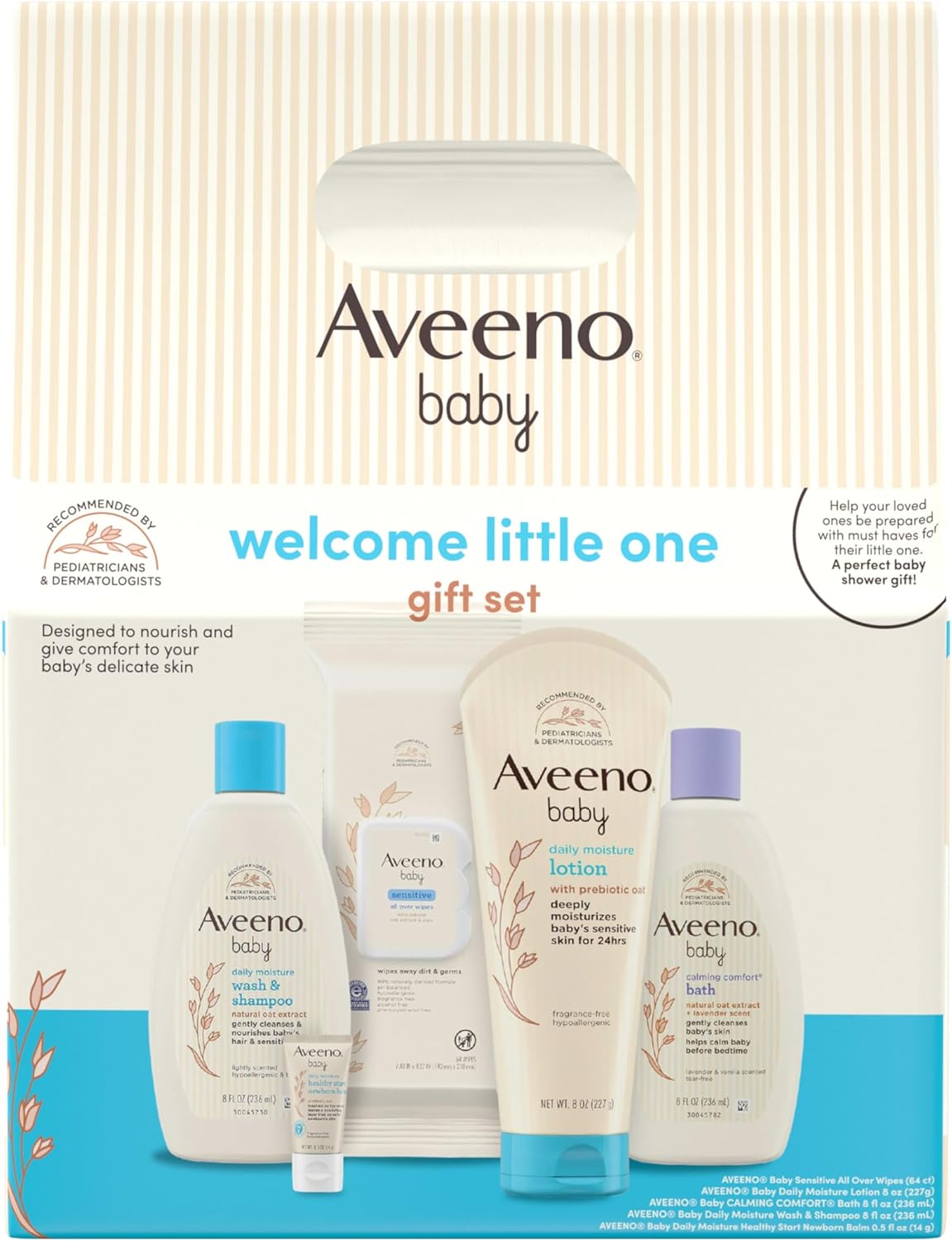 Aveeno Baby Welcome Little One Gift Set, Baby Skincare Set with Nourishing Baby Body Wash & Shampoo, Calming Bath Wash, All Over Baby Wipes, Daily Moisturizing Lotion, & Baby Balm, 5 Items