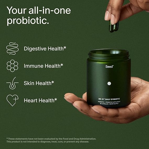 Seed DS-01 Daily Synbiotic – Prebiotic and Probiotic for Women and Men – Digestive Health, Gut Health, Immune Support, Bloating and Constipation Relief – Vegan and Shelf-Stable – 60 Capsules